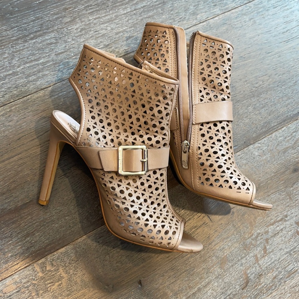 Vince Camuto tan boots open toe and open back with gold buckle just likee new